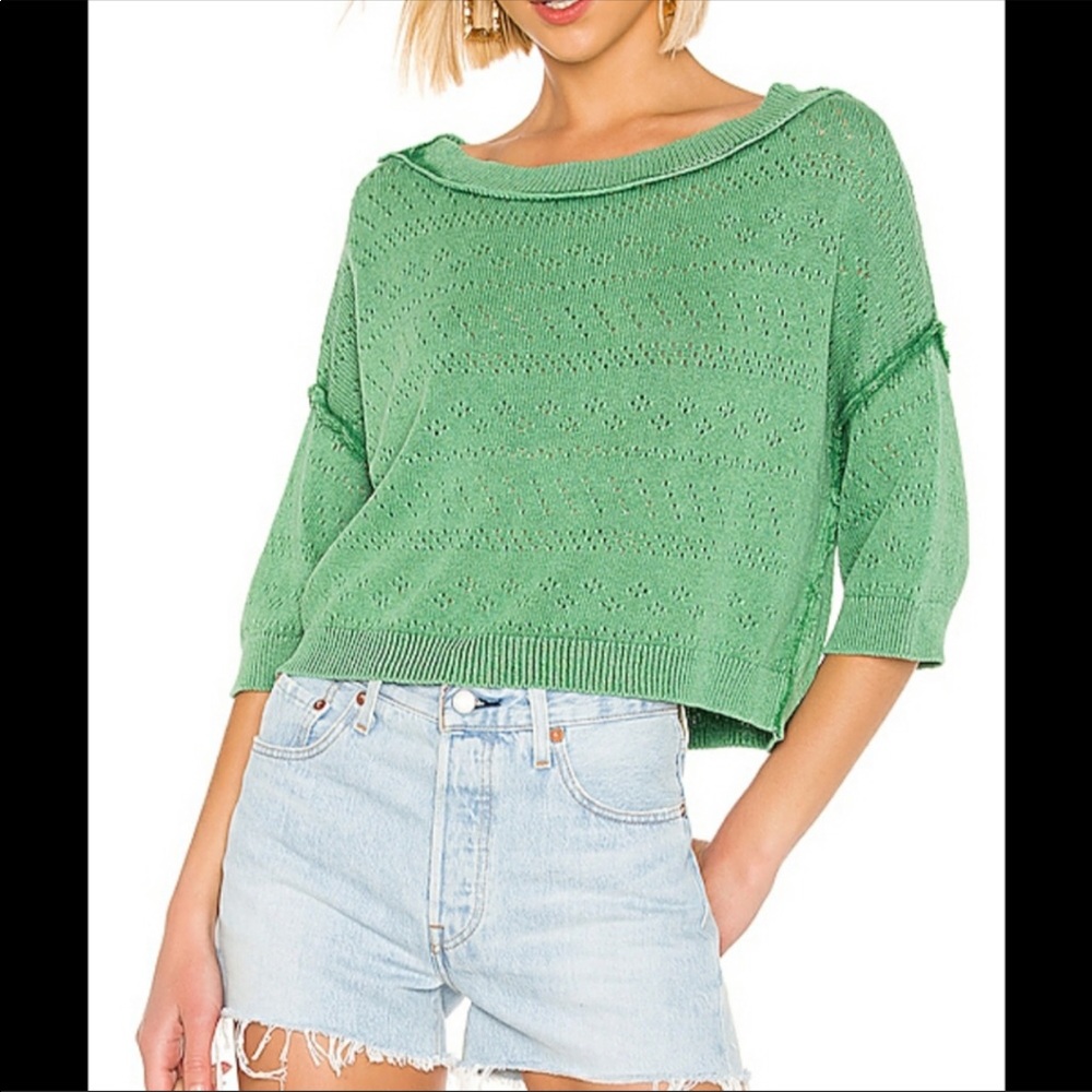 NWT Free People Very Oversized Cropped Knit Sweater Top - Size S - Green